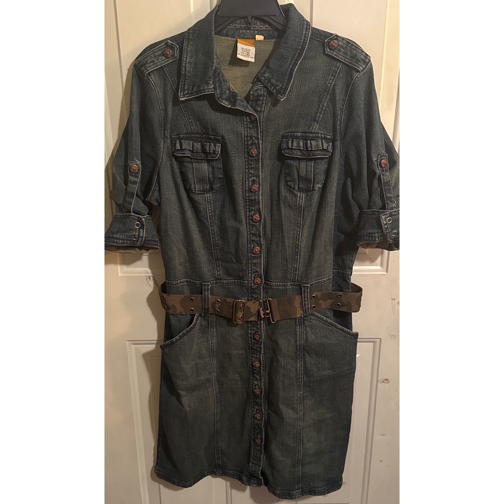Vtg Boom Boom Jeans Midi Denim Dress Button Down Roll Tab Sleeves Y2K Women's